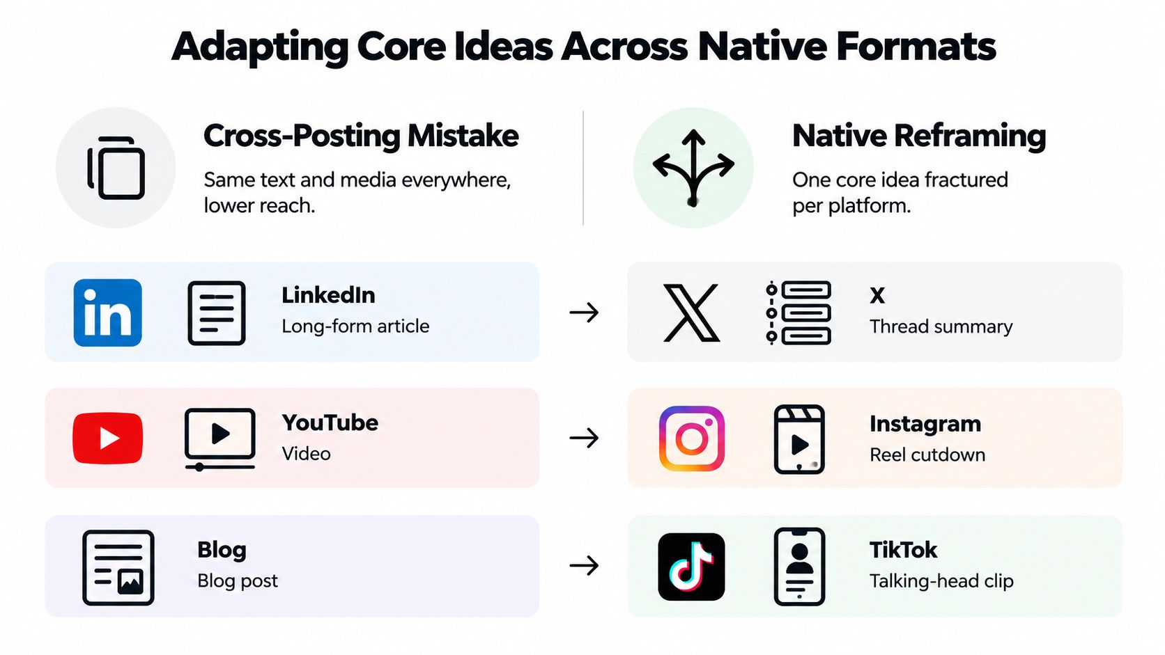 A diagram comparing cross-posting mistakes versus effective native reframing strategies for different social media platforms.
