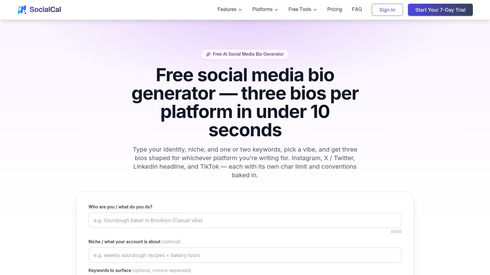 SocialCal Social Media Bio Generator