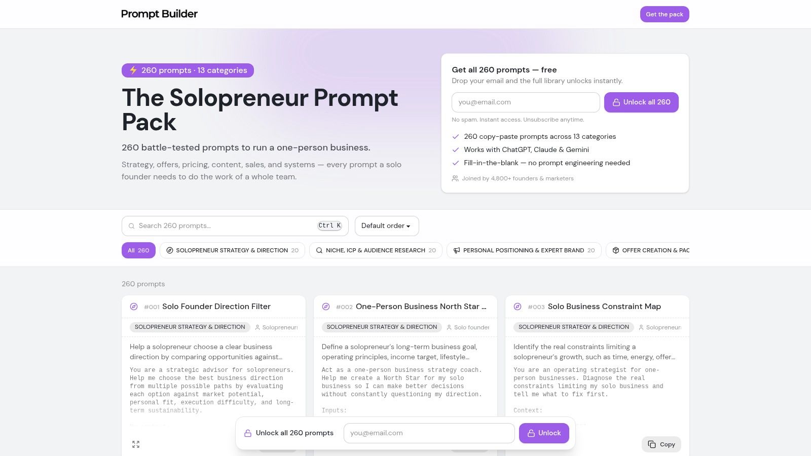 The Solopreneur Prompt Pack with 260 Free AI Prompts