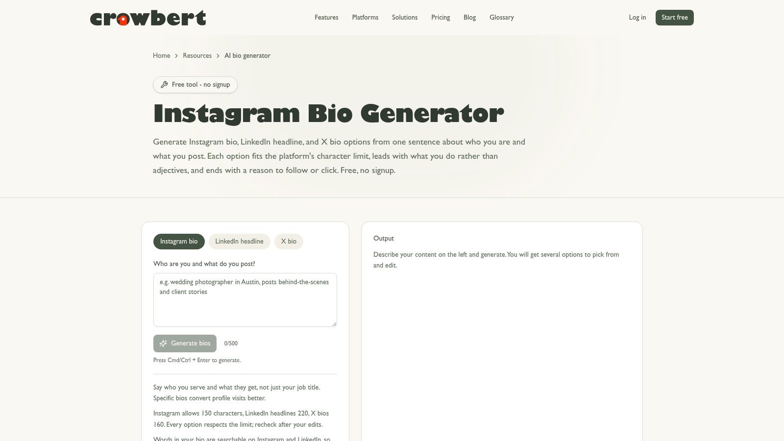Crowbert Instagram Bio Generator with LinkedIn and X Support