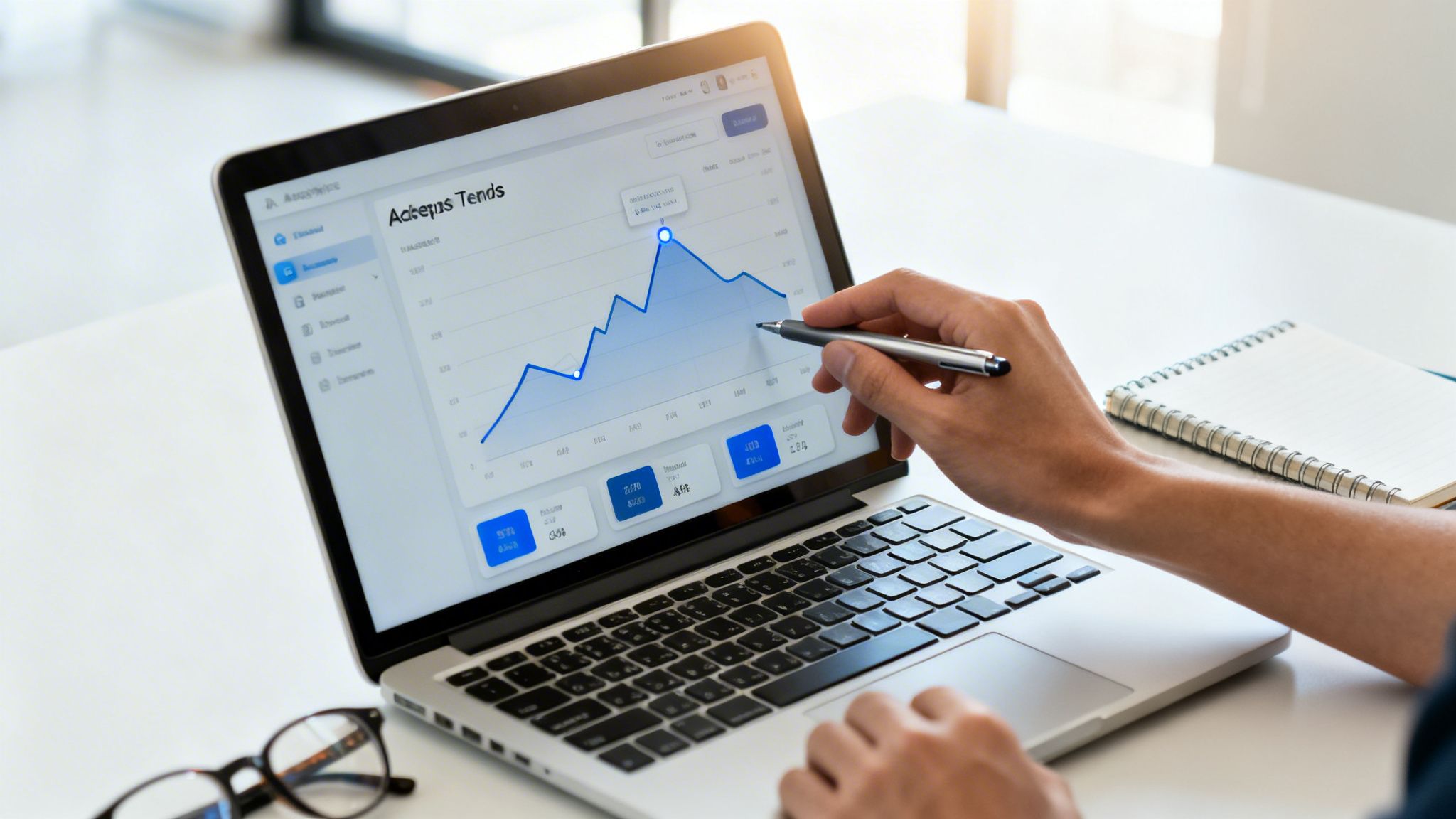 A person's hands analyzing a blue financial graph on a laptop screen with a stylus.