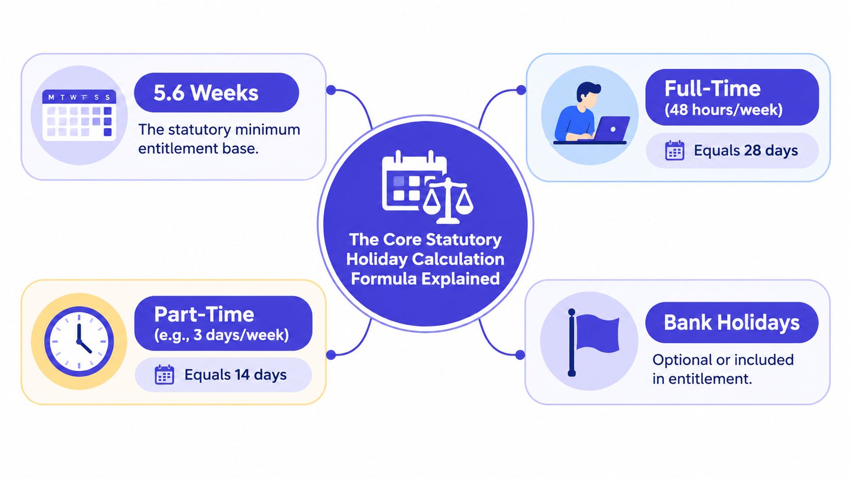 An infographic diagram explaining the core statutory holiday calculation formula for full-time and part-time employment in the UK.