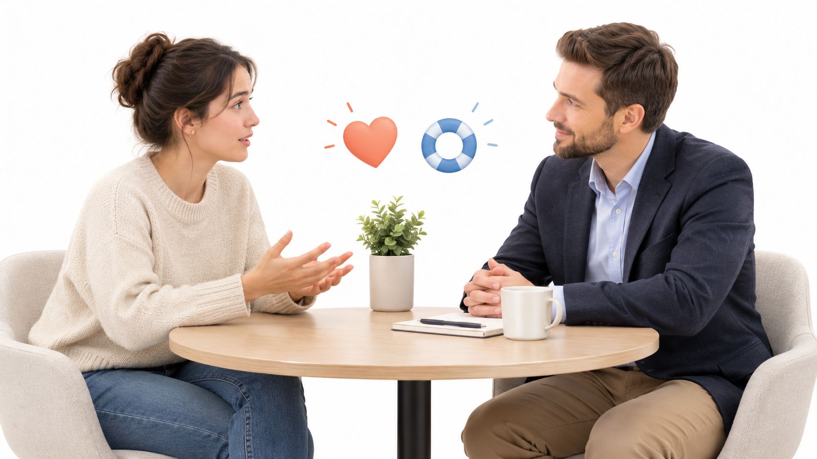 A professional man and woman having a supportive discussion while sitting at a round table together.