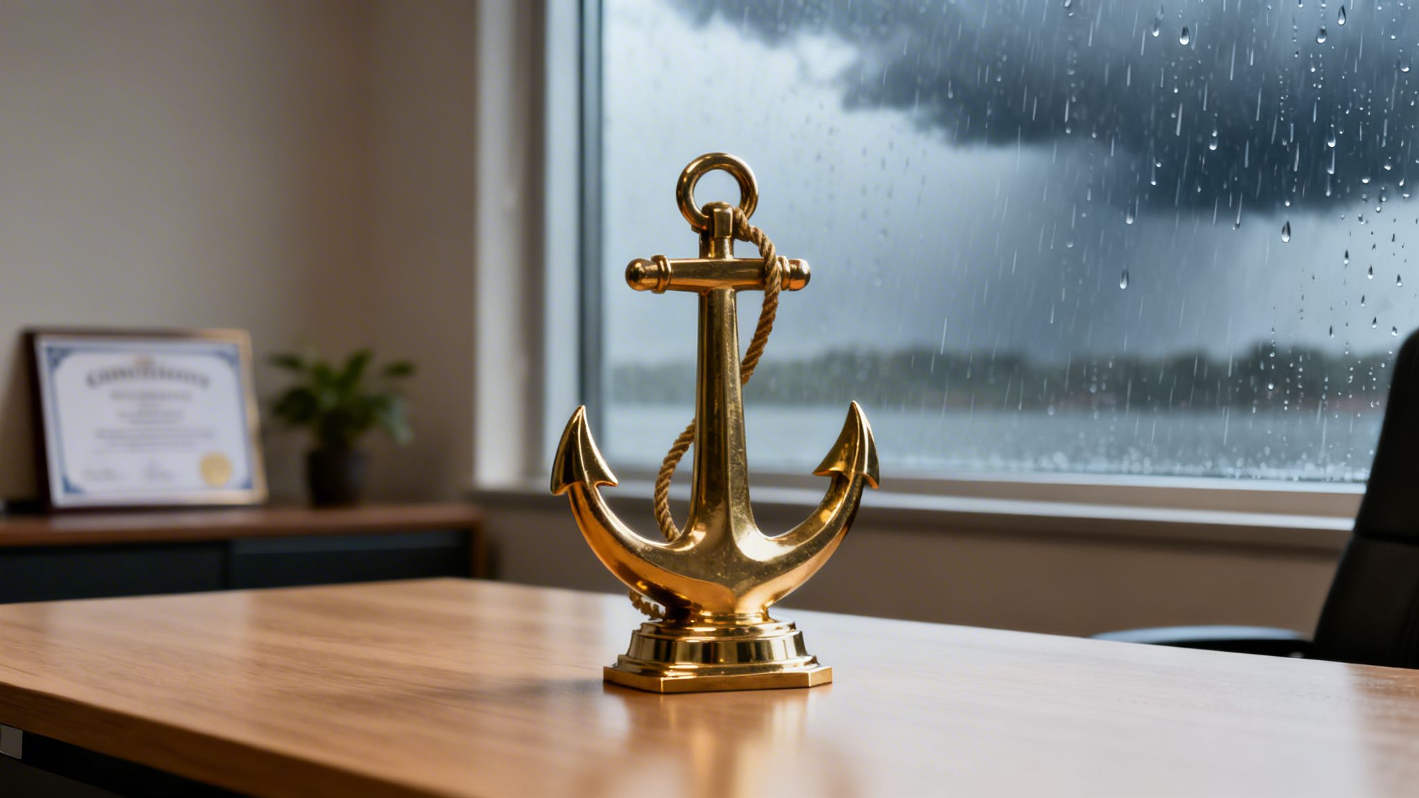 A golden anchor figurine sits on a wooden desk with a rainy window overlooking water.