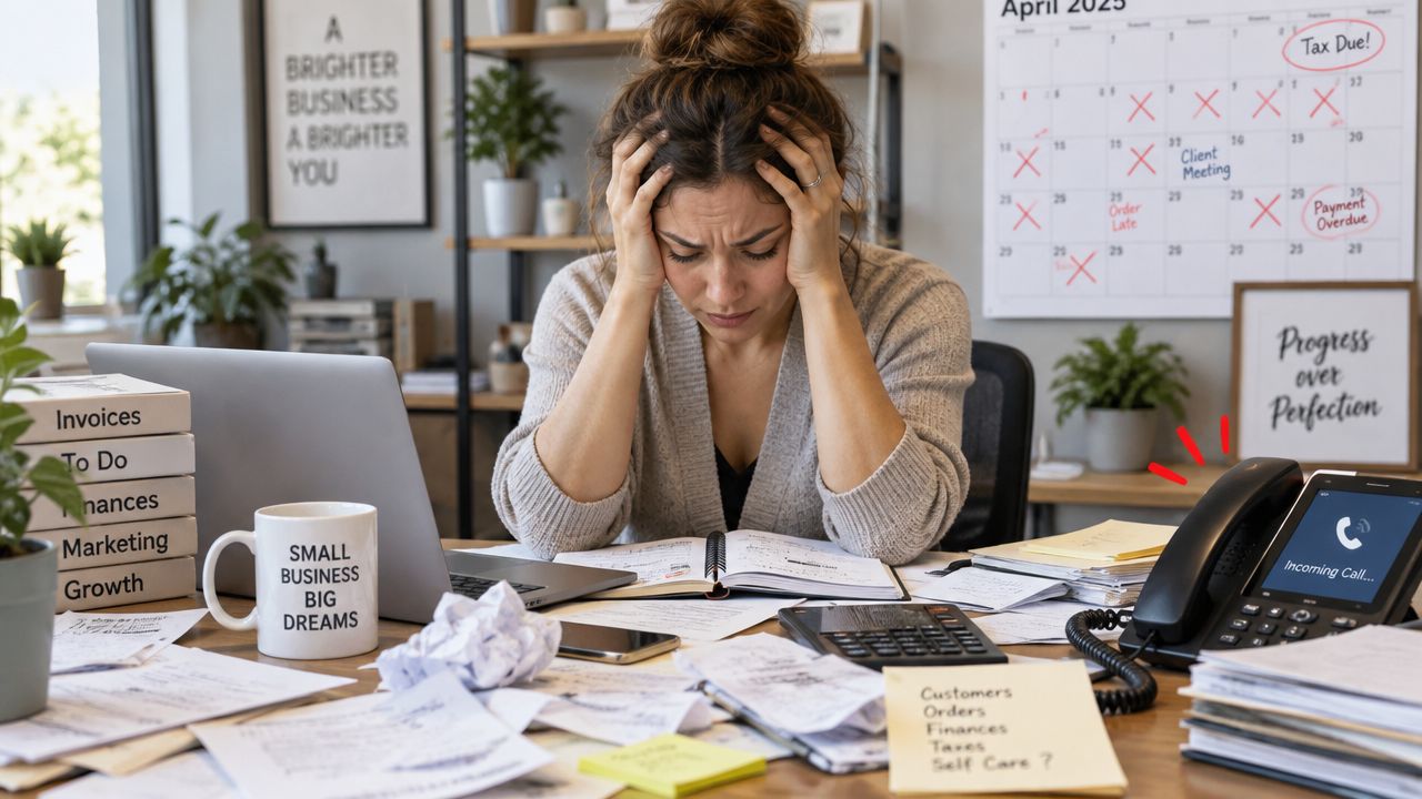 A stressed woman sitting at a cluttered desk filled with paperwork, feeling overwhelmed by her business tasks.