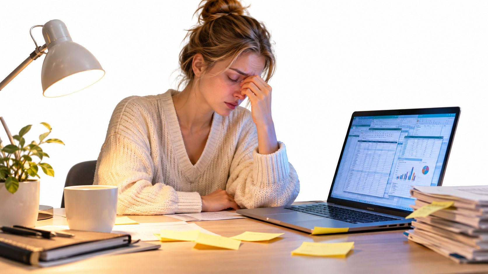 A tired woman working late at her desk on hr compliance software on her laptop.