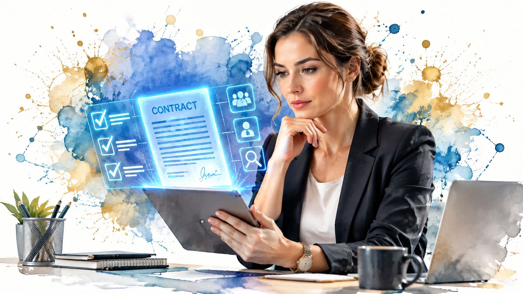 A professional woman in a business suit reviewing a digital contract on a tablet in her office.