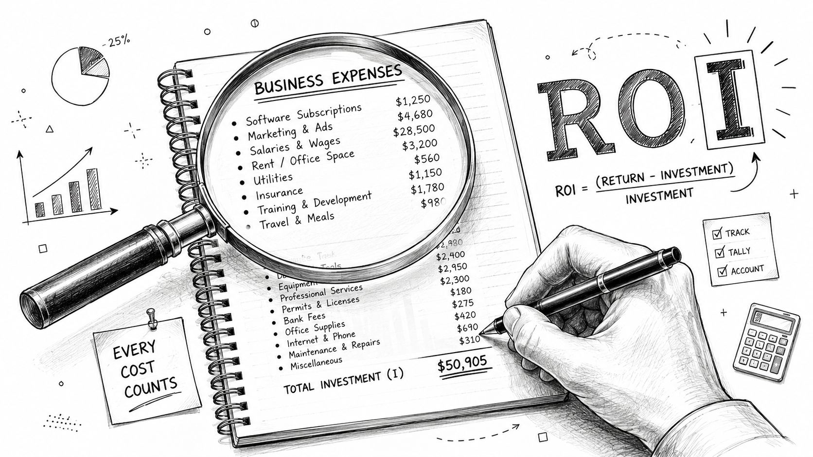 A hand calculates business expenses on a notepad, highlighting the process of measuring return on investment.