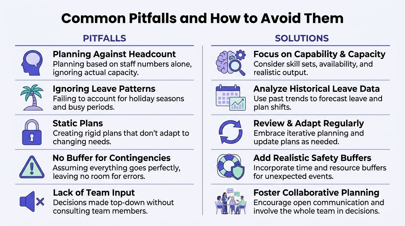 A chart showing common resource planning pitfalls on the left and their corresponding solutions on the right.