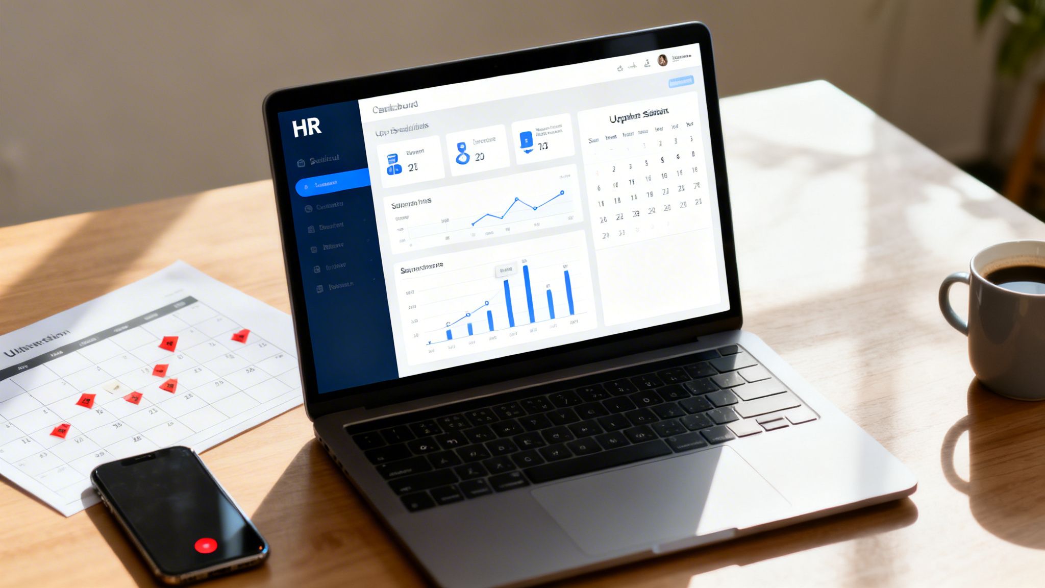 Laptop displaying an HR dashboard with charts, a calendar, phone, and coffee on a wooden desk.