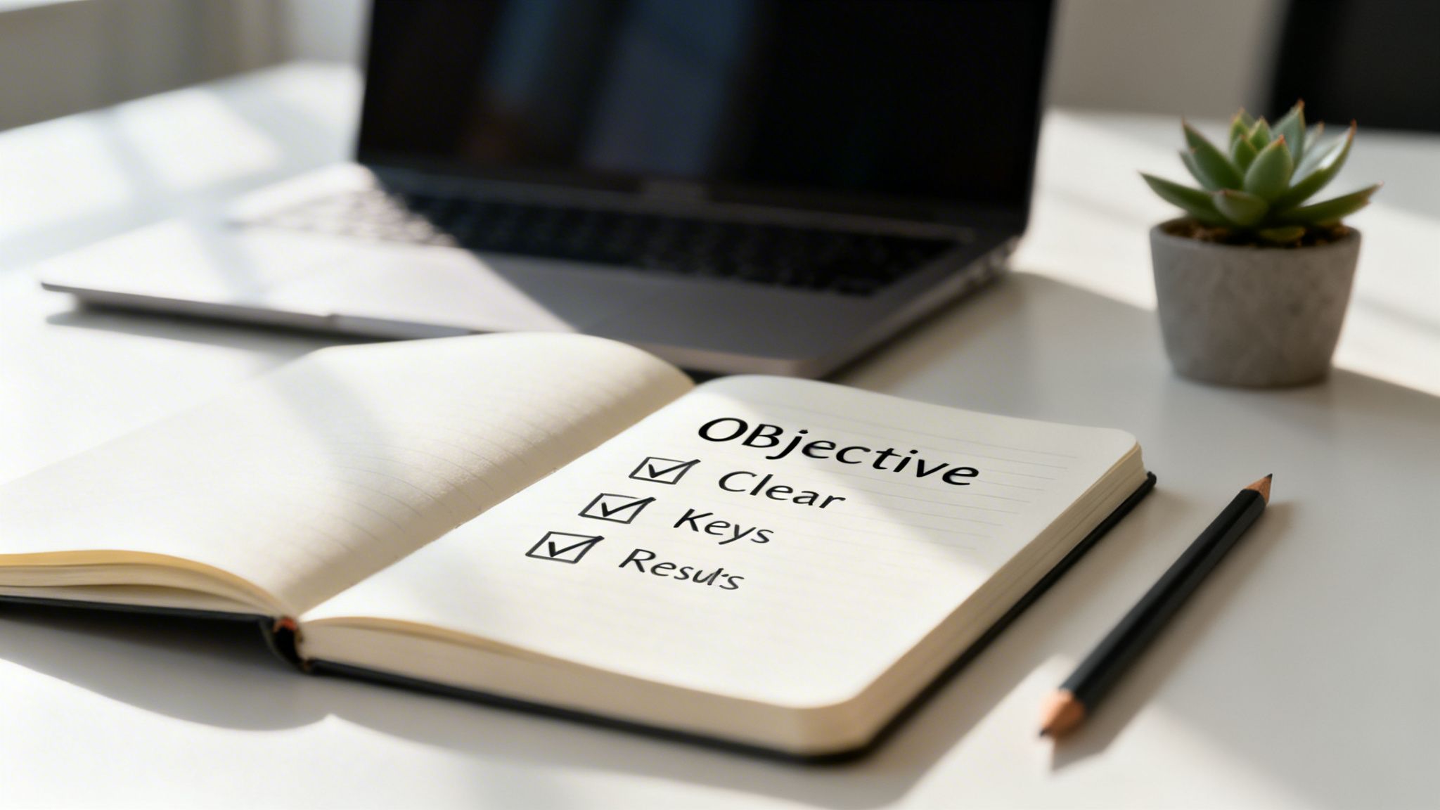 An open notebook on a white desk displaying a checklist with 'Objective', 'Clear', 'Keys', 'Results' checked.