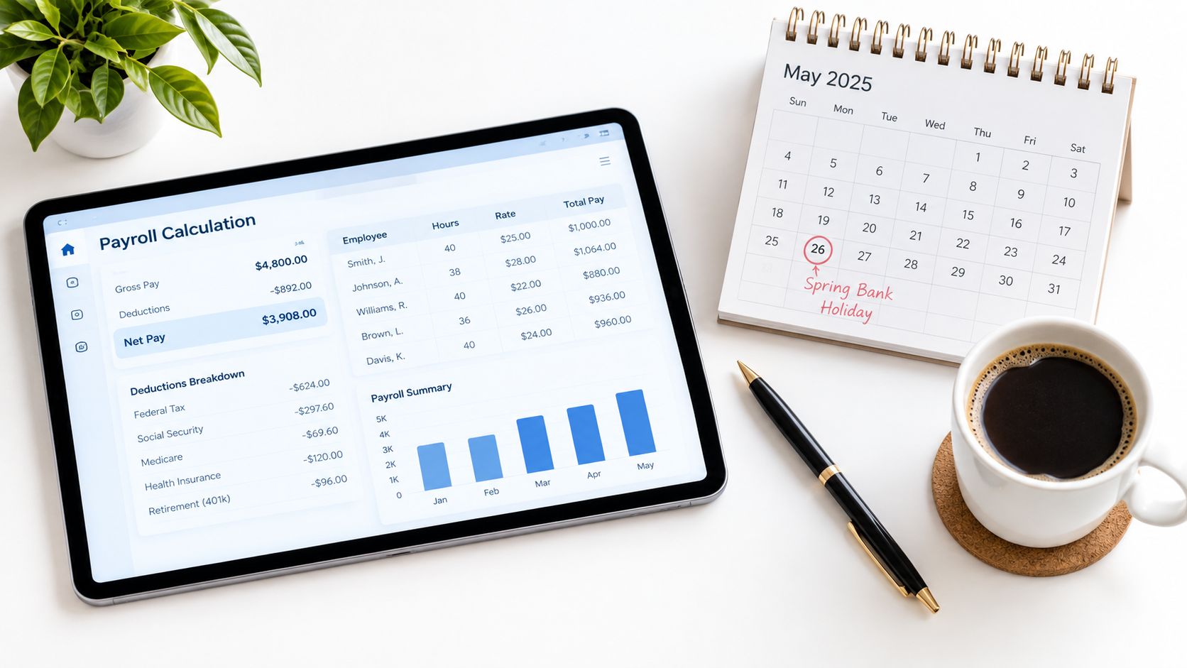 A digital tablet displaying payroll calculations alongside a May 2025 calendar marking the Spring Bank Holiday.