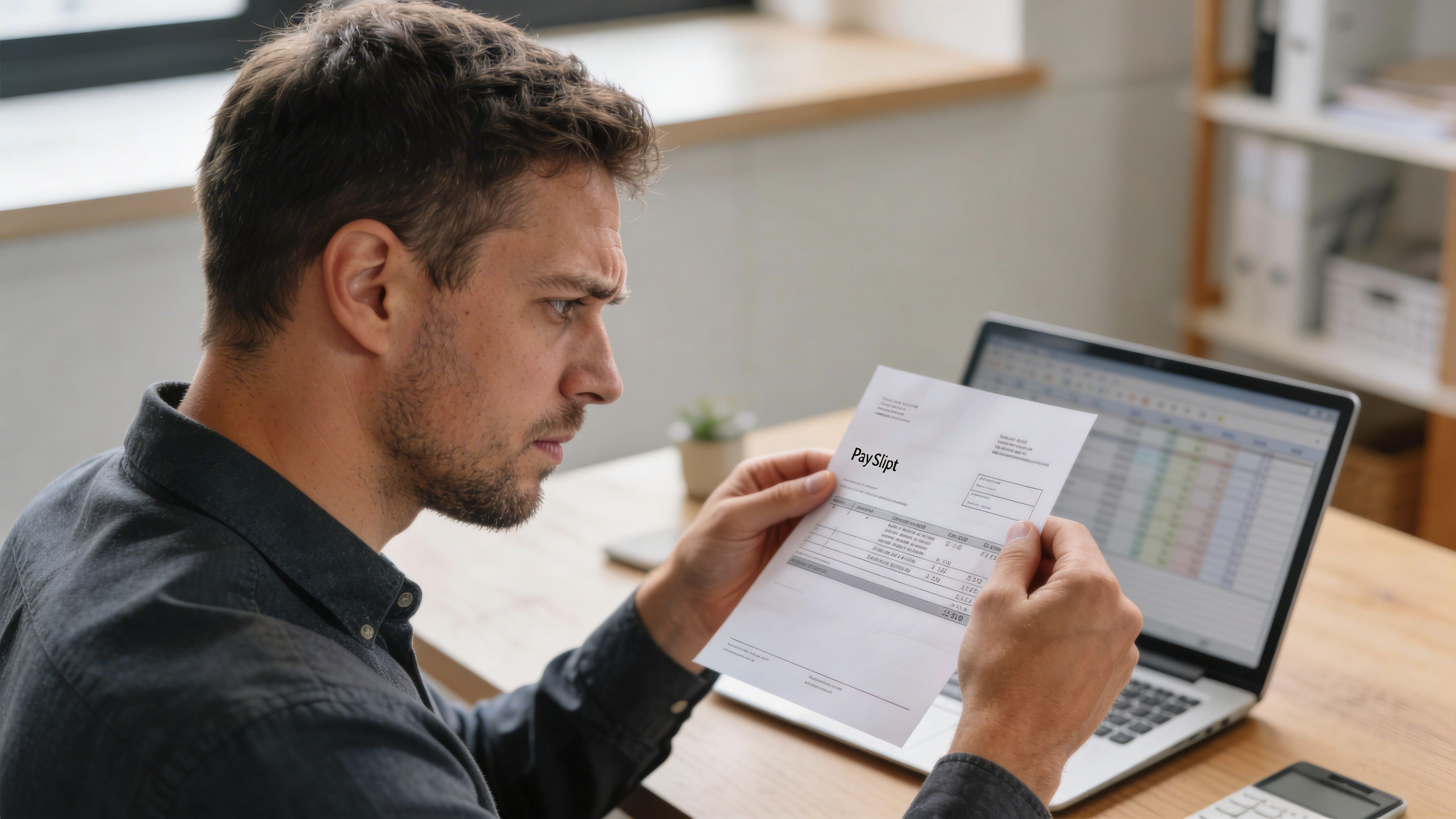 A focused man sitting at a desk reviewing his pay slip while working on a laptop computer.