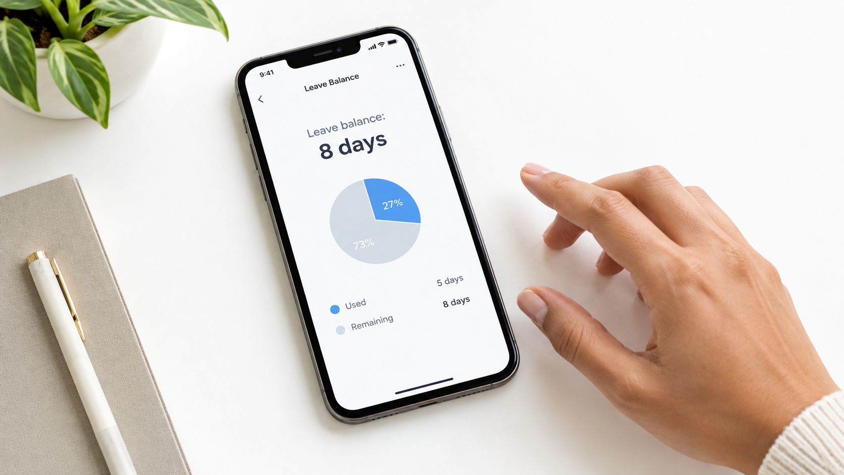 A hand interacting with a smartphone screen displaying a leave balance application interface with a pie chart.