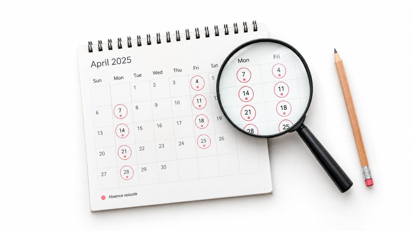 A calendar for April 2025 showing marked absence dates under a magnifying glass with a pencil.