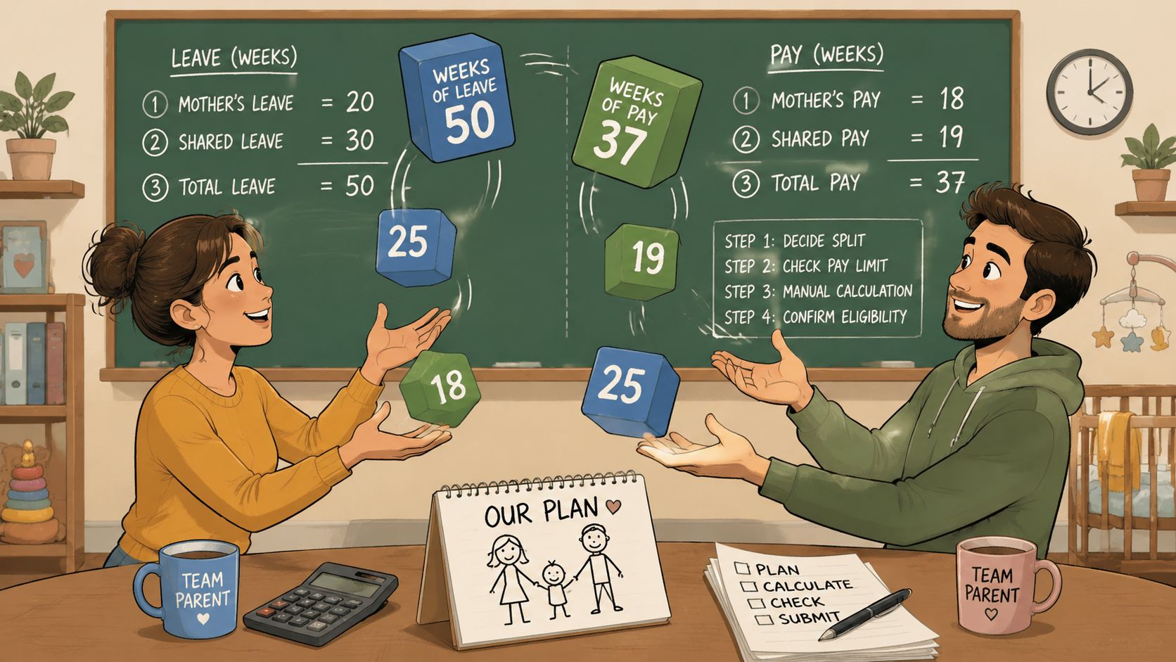 A couple planning maternity and paternity leave using blocks representing weeks of leave and pay on a chalkboard.