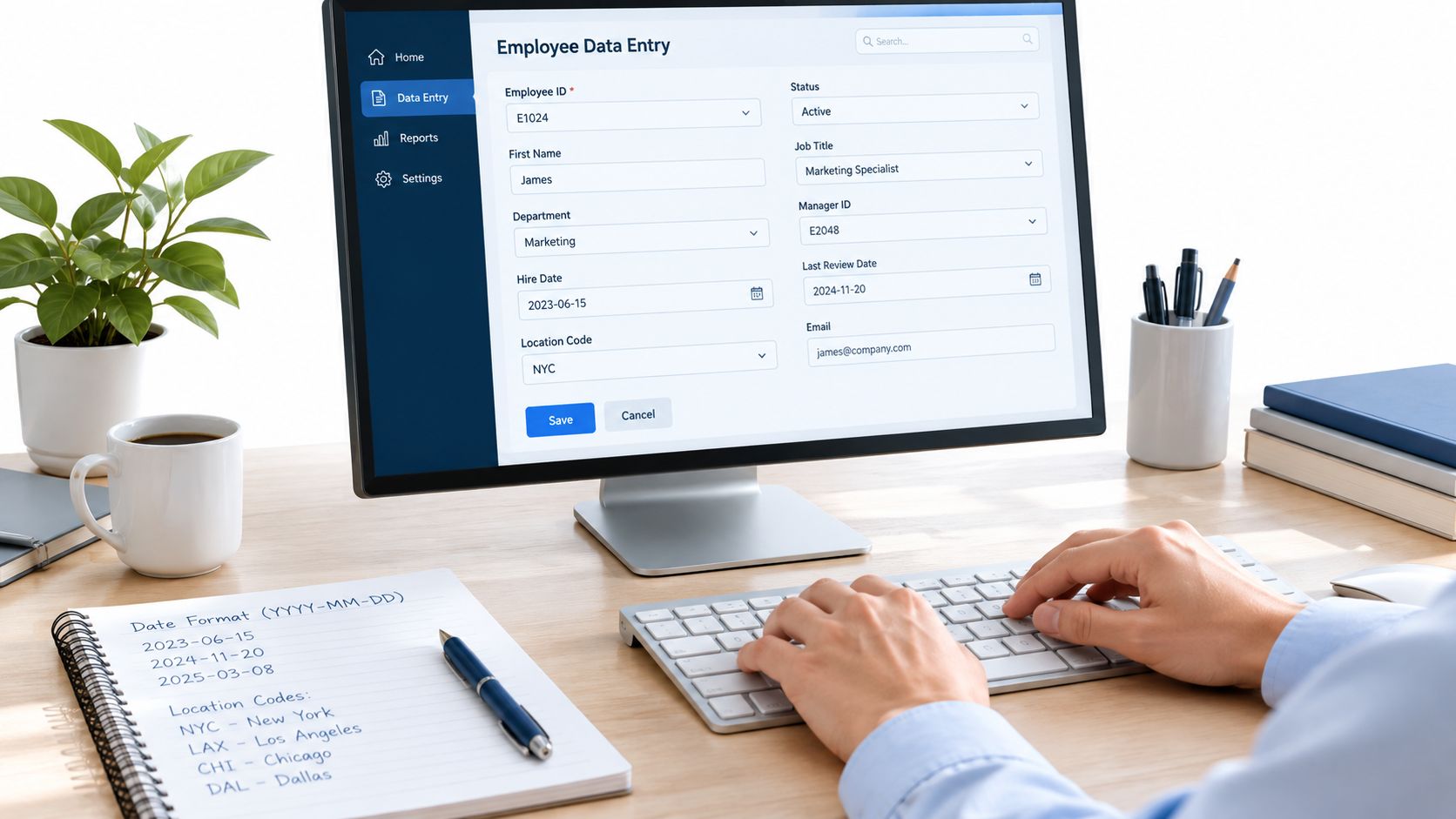 A person using a computer to enter employee data into a digital entry form on a desk.