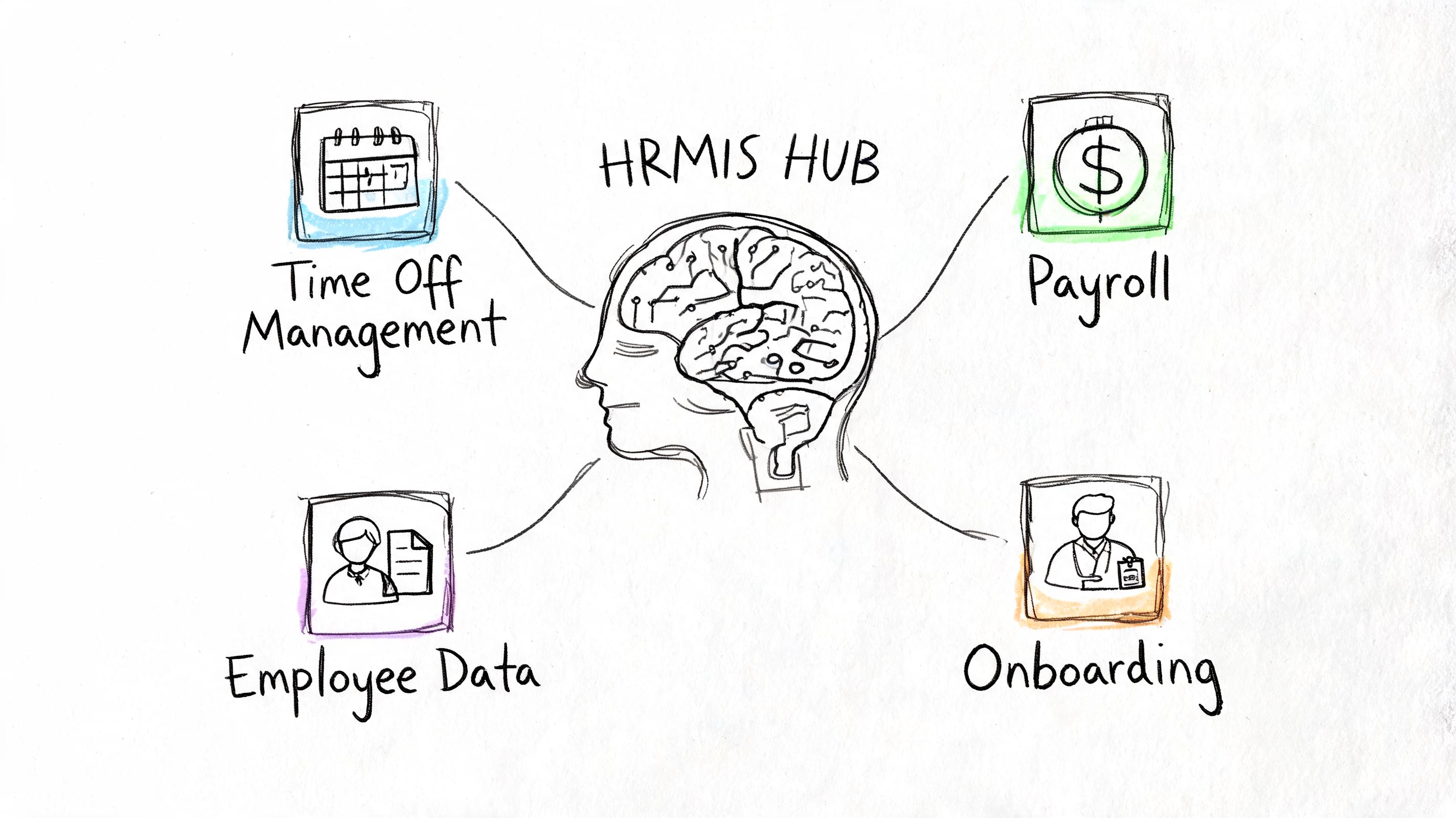 A hand-drawn sketch illustrating a central HRMIS hub connecting to payroll, onboarding, employee data, and time management.