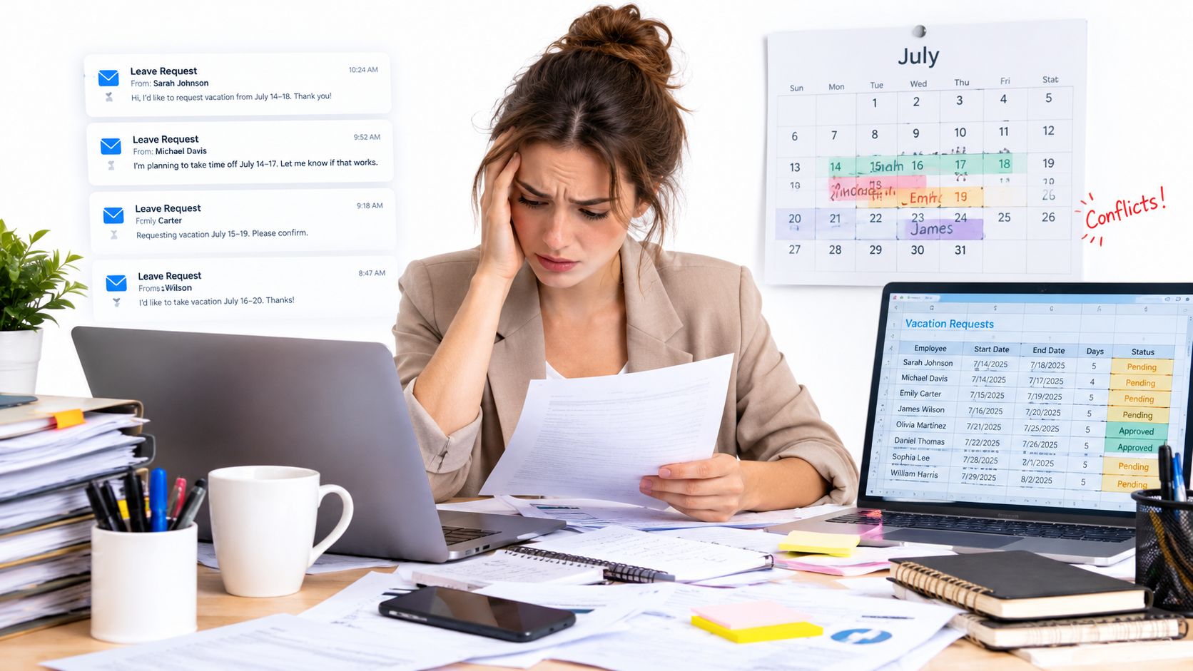 A stressed HR manager reviews multiple overlapping employee leave requests on her laptop and calendar.