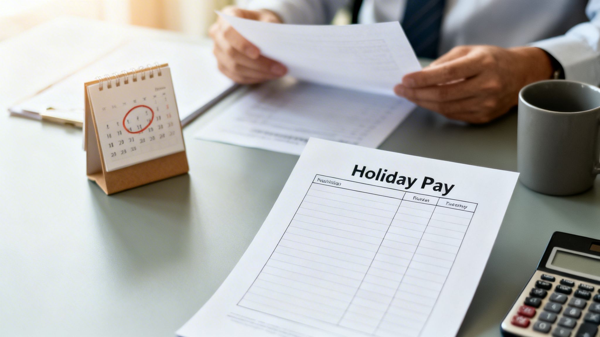 A person reviews documents with a "Holiday Pay" form, calculator, and calendar on a desk.