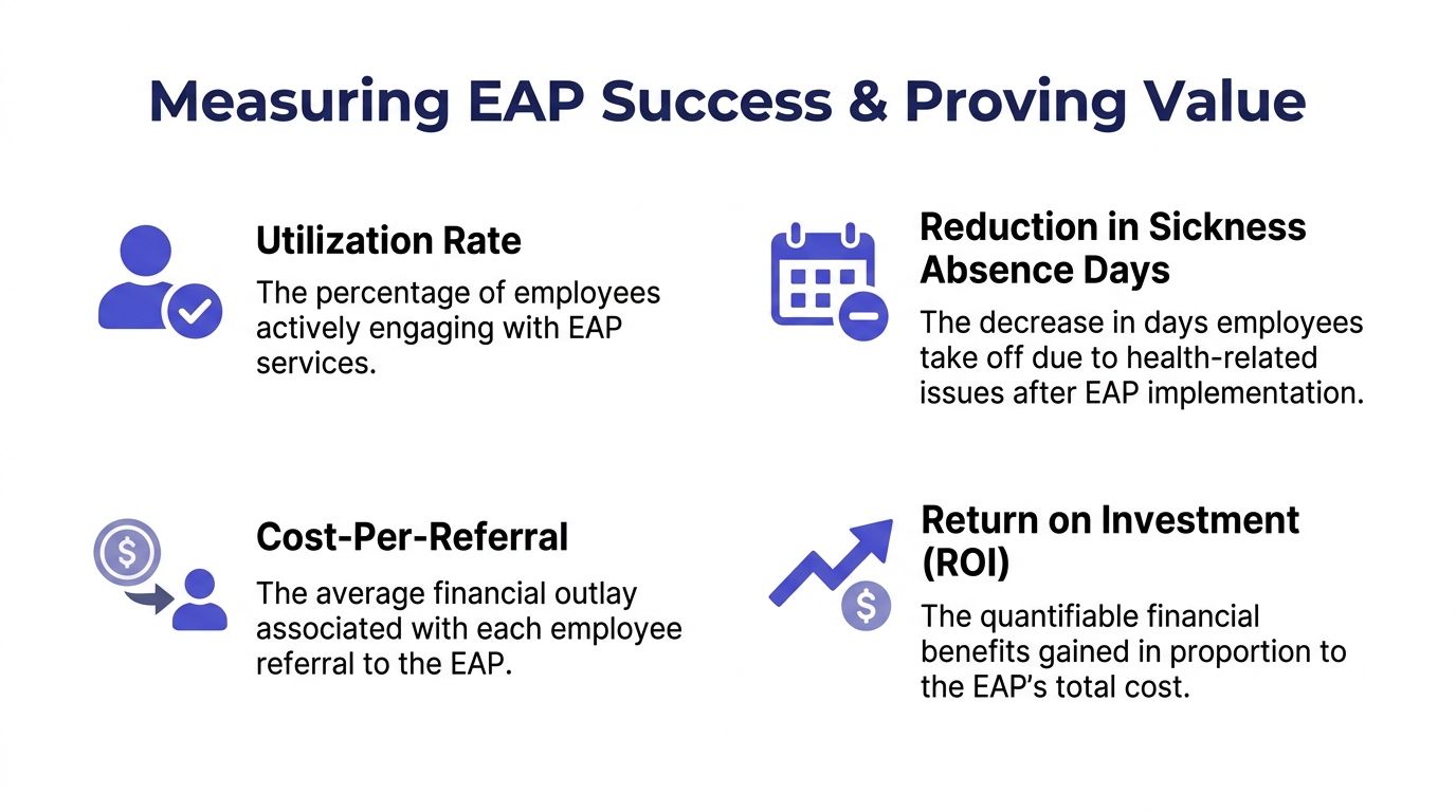 A graphic illustration detailing four key performance metrics for measuring the success of employee assistance plans.