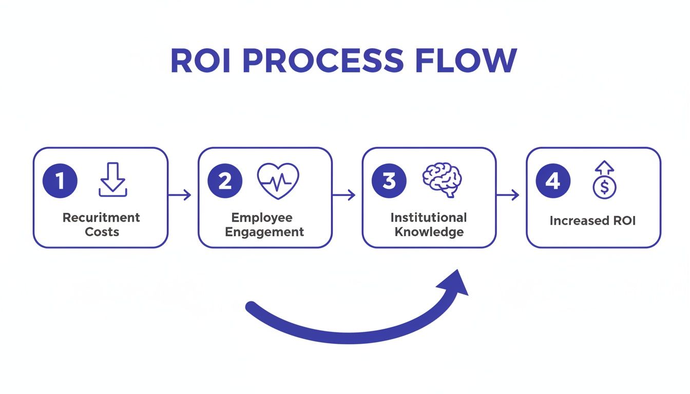 A four-step ROI process flow diagram showing recruitment costs, employee engagement, institutional knowledge, and increased ROI.