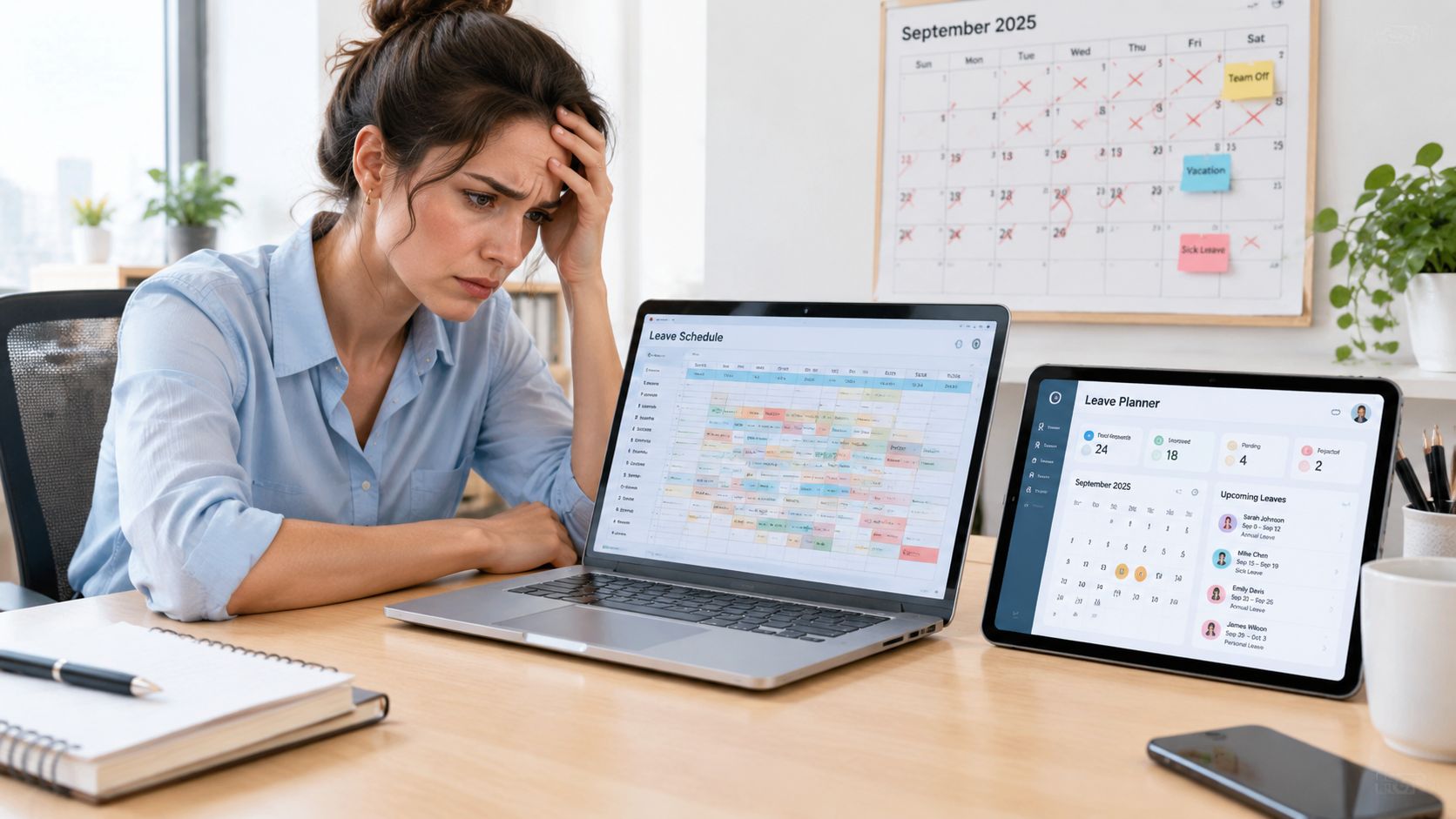 A stressed woman working at her desk with a laptop and tablet displaying employee leave schedules.