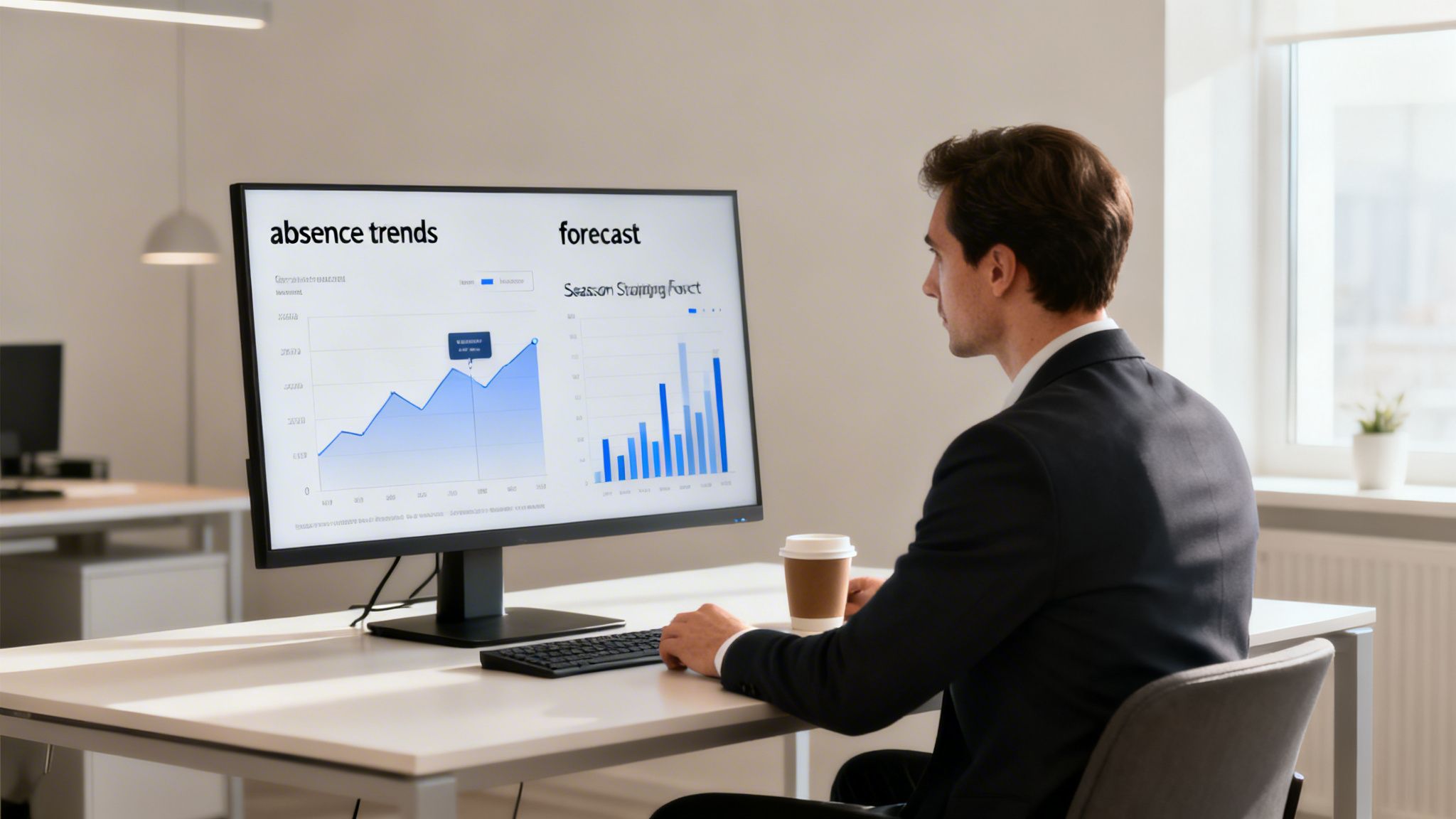 A businessman in an office reviews absence trends and forecast data on a computer screen.