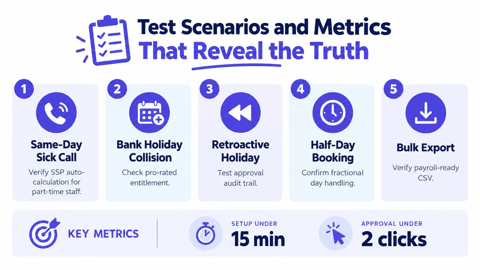 A diagram outlining five key test scenarios for HR software alongside metrics for setup and approval times.