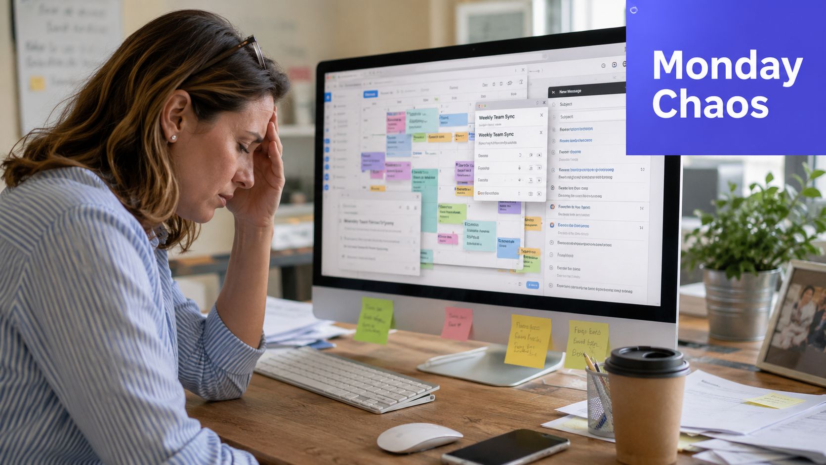 A stressed woman sitting at her desk looking at a computer screen crowded with multiple calendar windows.