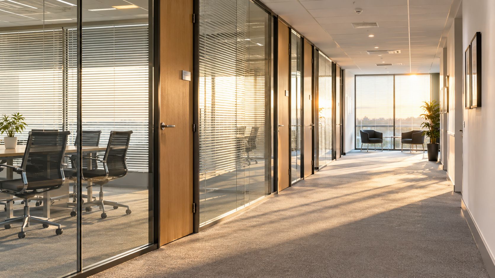 A brightly lit, modern office corridor with glass-walled conference rooms and long afternoon sunlight casting shadows.