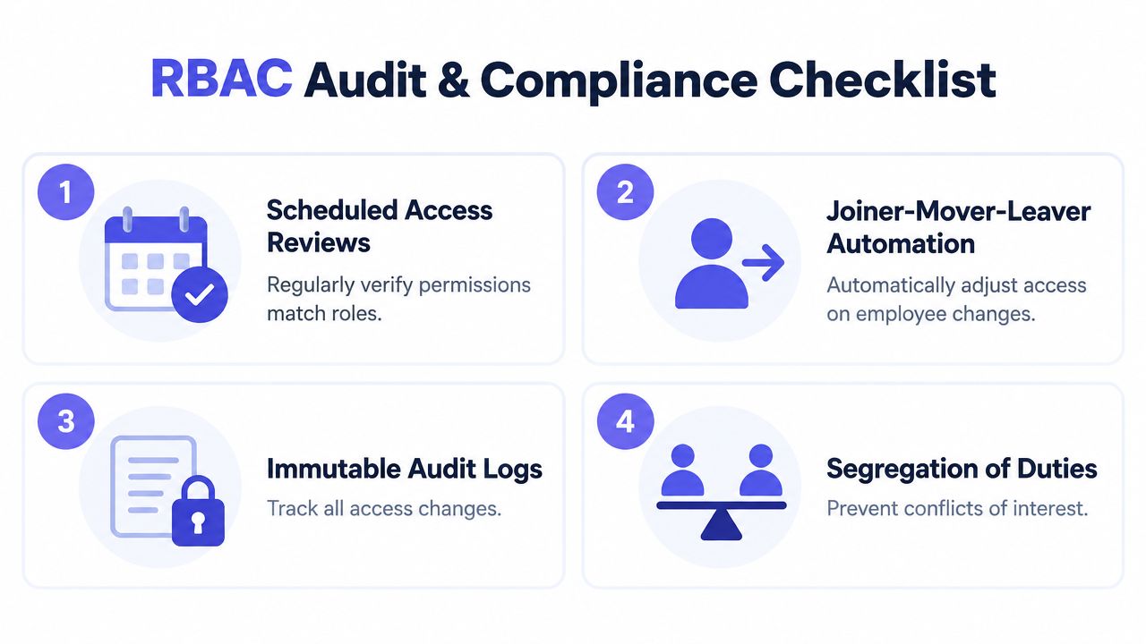 A four-point infographic checklist outlining key practices for RBAC audit and compliance in organizations.