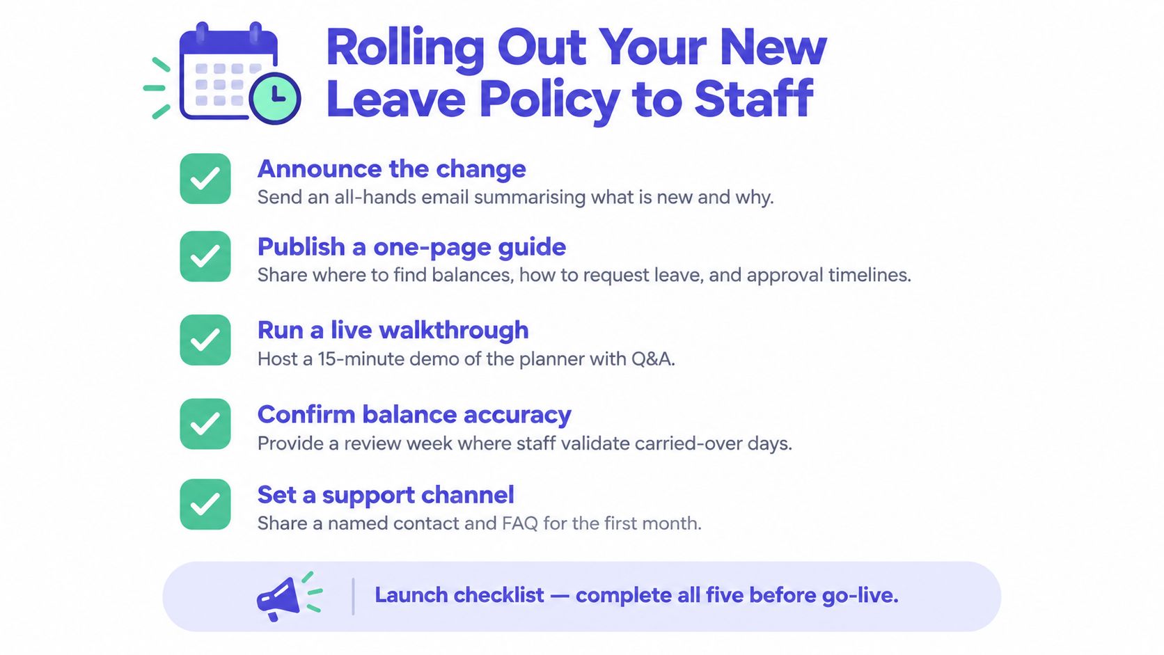 A five-step checklist for HR managers to successfully introduce and roll out a new leave policy to staff.