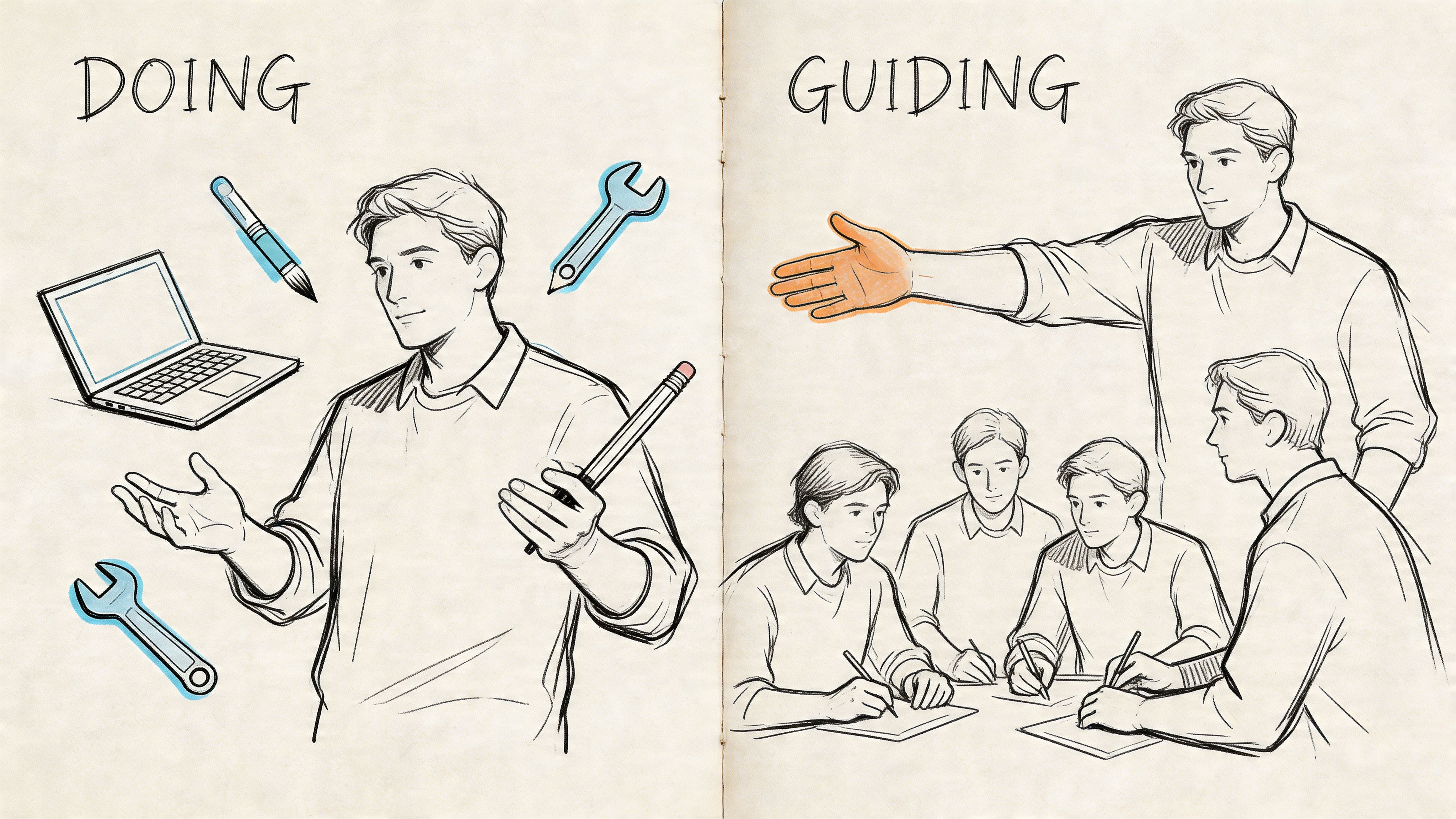 An illustration comparing the roles of doing individual work versus guiding a team of people.