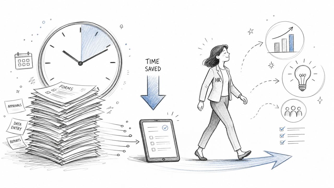 A pencil sketch illustration showing HR transitioning from paper forms to digital efficiency and productivity.