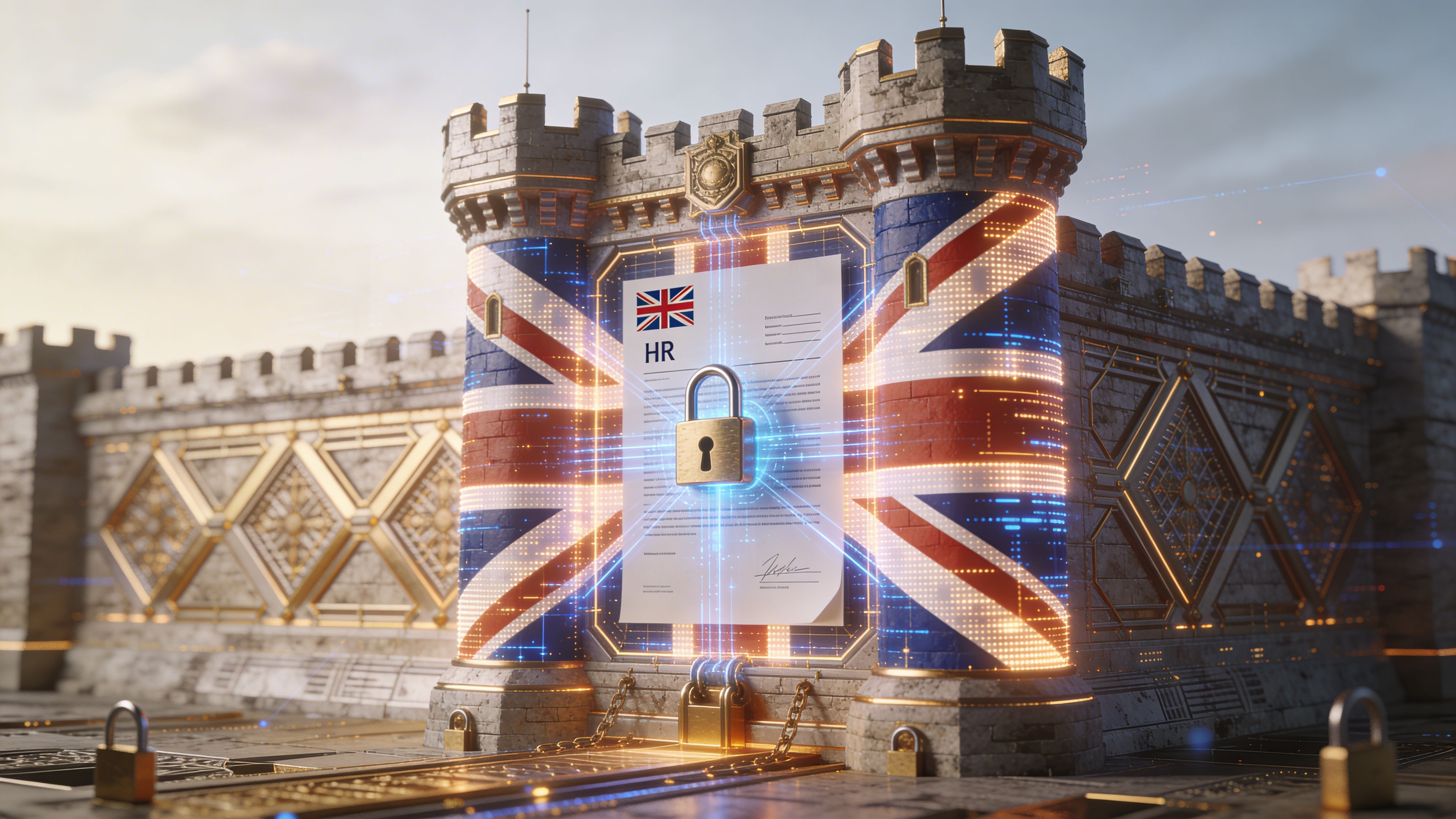 A digital illustration of a fortified UK-themed castle protecting a secure HR document with a golden padlock.