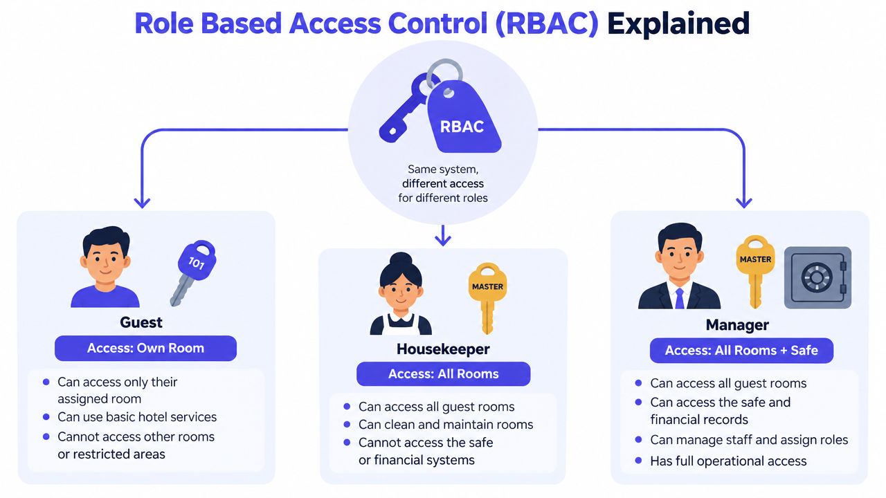 A diagram explaining Role Based Access Control by comparing the different access levels of a guest, housekeeper, and manager.