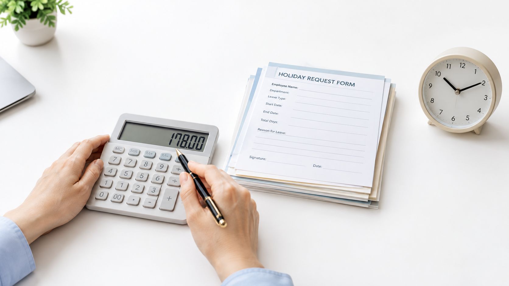 A person using a calculator to plan time off, with a stack of holiday request forms nearby.