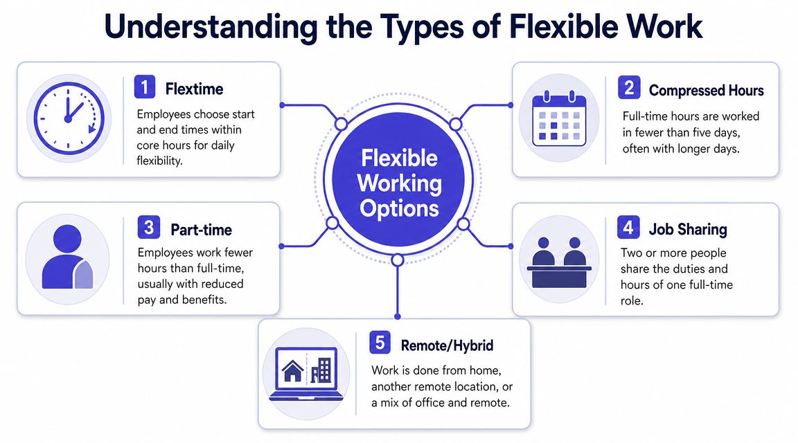 A diagram illustrating five different types of flexible working options for employees in an office setting.