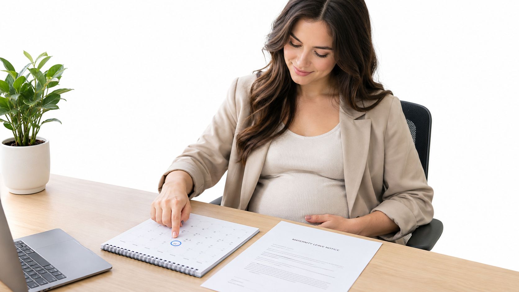 A pregnant businesswoman pointing at a calendar date while reviewing maternity leave documents at her desk.