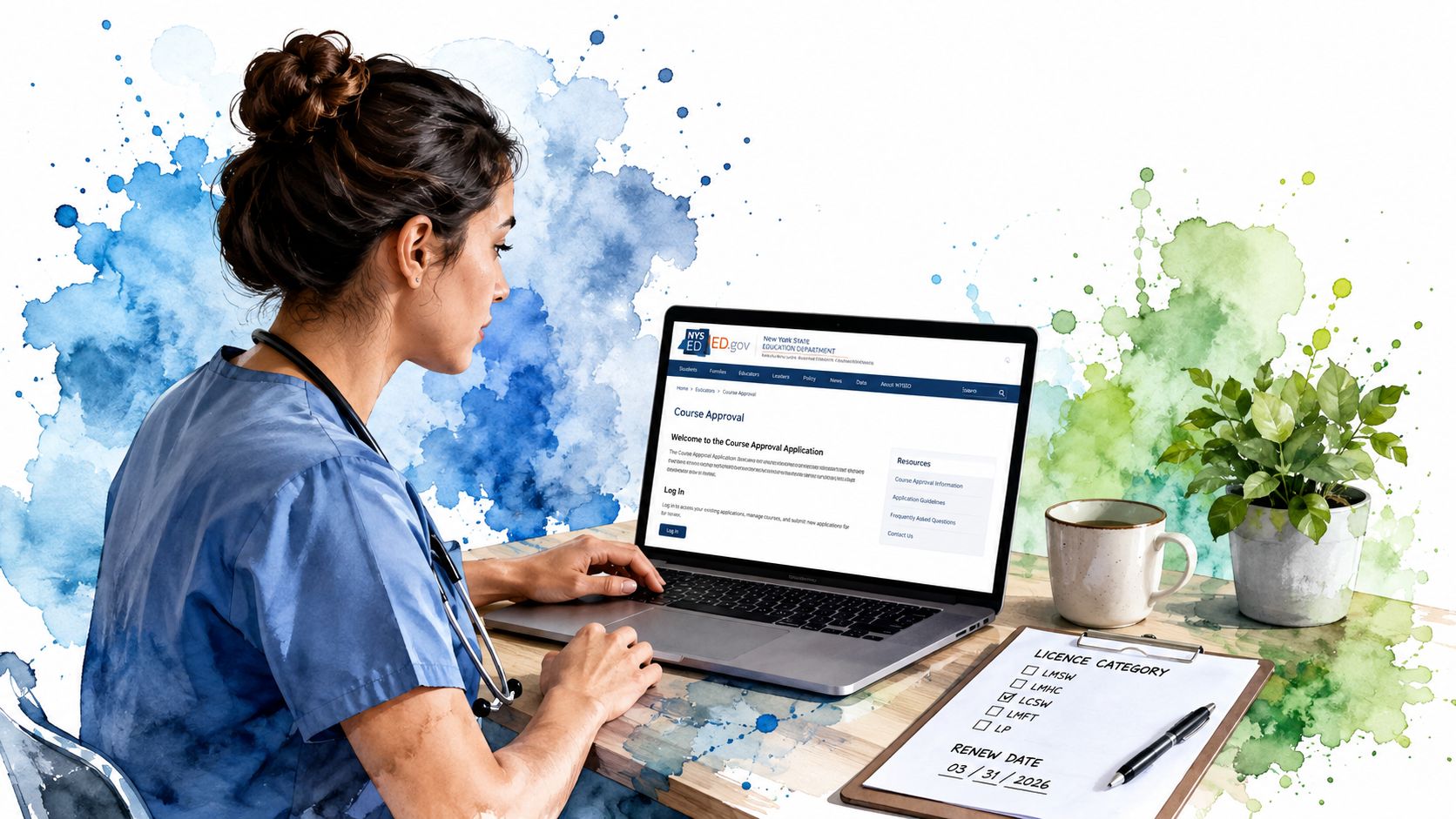 A medical professional works on a laptop to complete a New York state infection control course application.