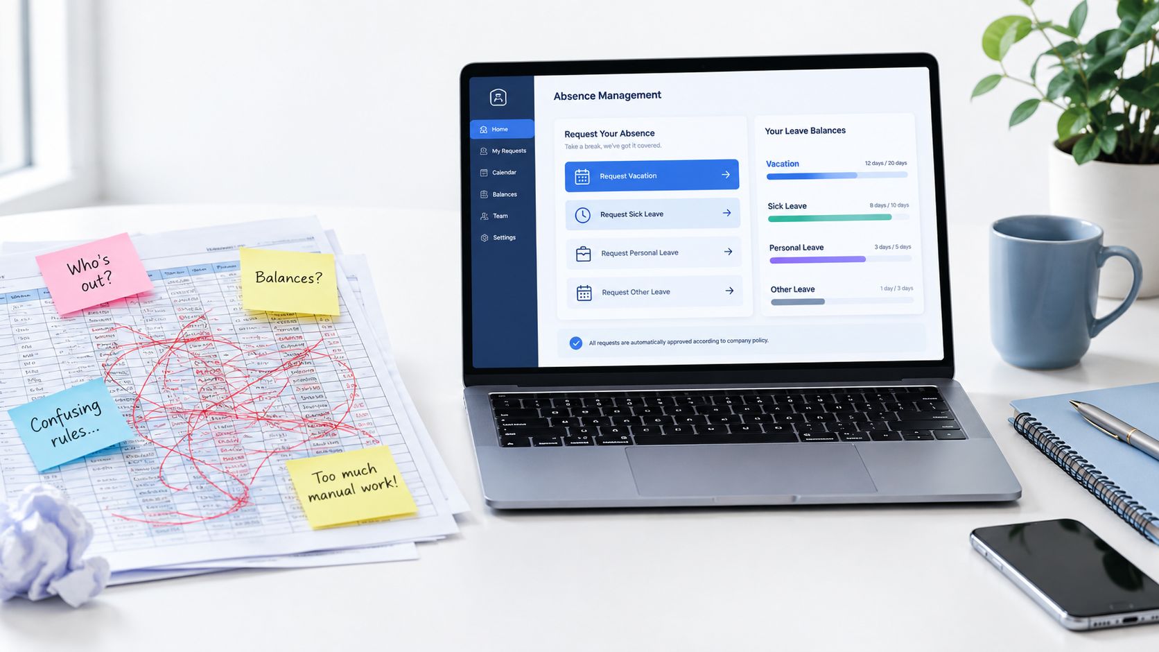 A modern workspace showing a laptop displaying an absence management dashboard next to messy paperwork and notes.