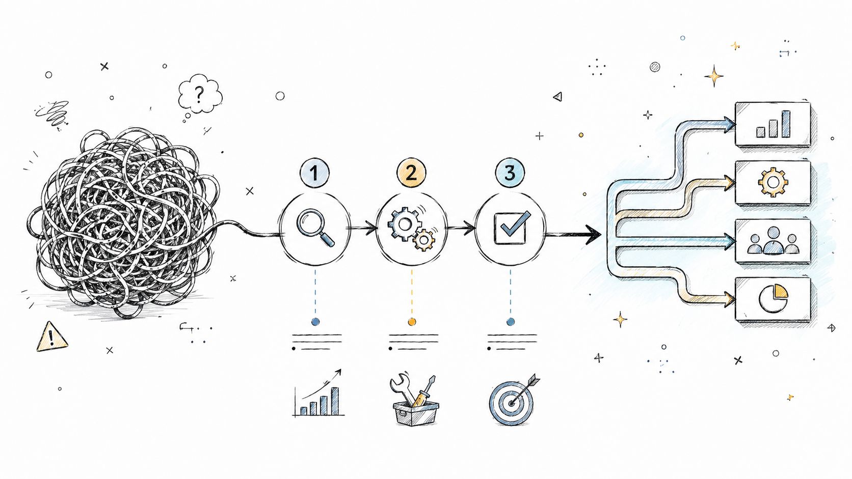 A hand-drawn illustration showing a complex tangled mess being simplified into three orderly, sequential process steps.