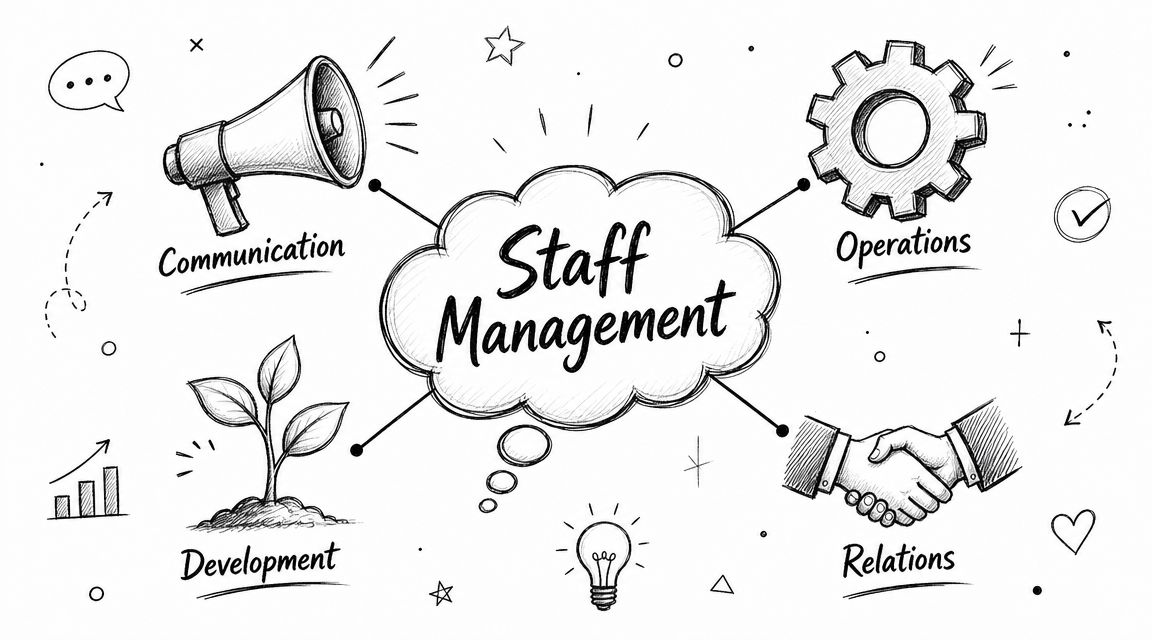 A hand-drawn illustration showing the concept of staff management with icons for communication, operations, development, and relations.