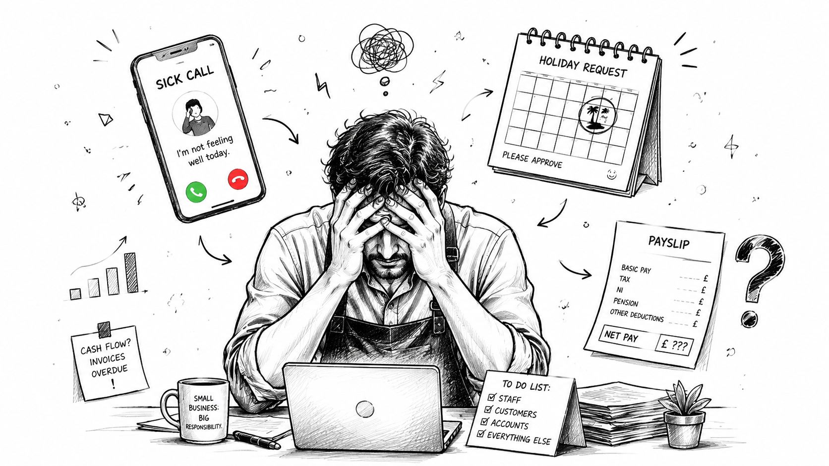 A stressed business owner sitting at a desk surrounded by administrative work and staff management challenges.
