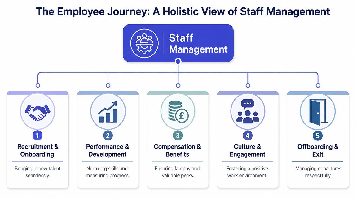 A diagram illustrating the five stages of the employee journey within staff management, from recruitment to offboarding.