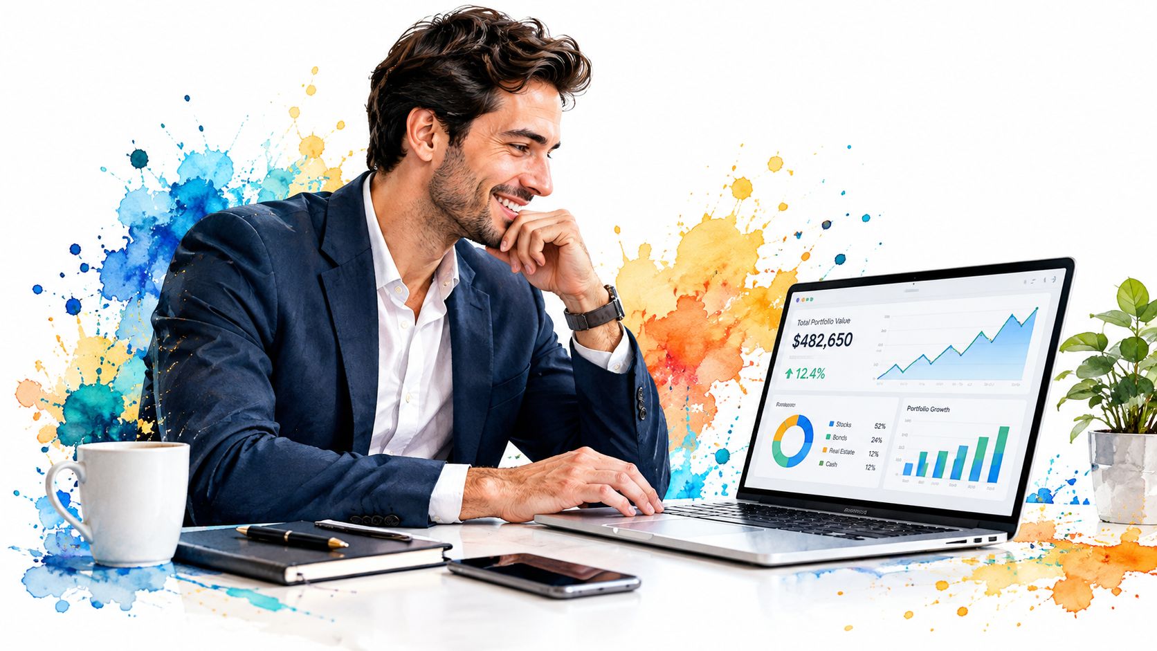 A professional man in a suit smiling while reviewing financial portfolio data on his laptop computer.