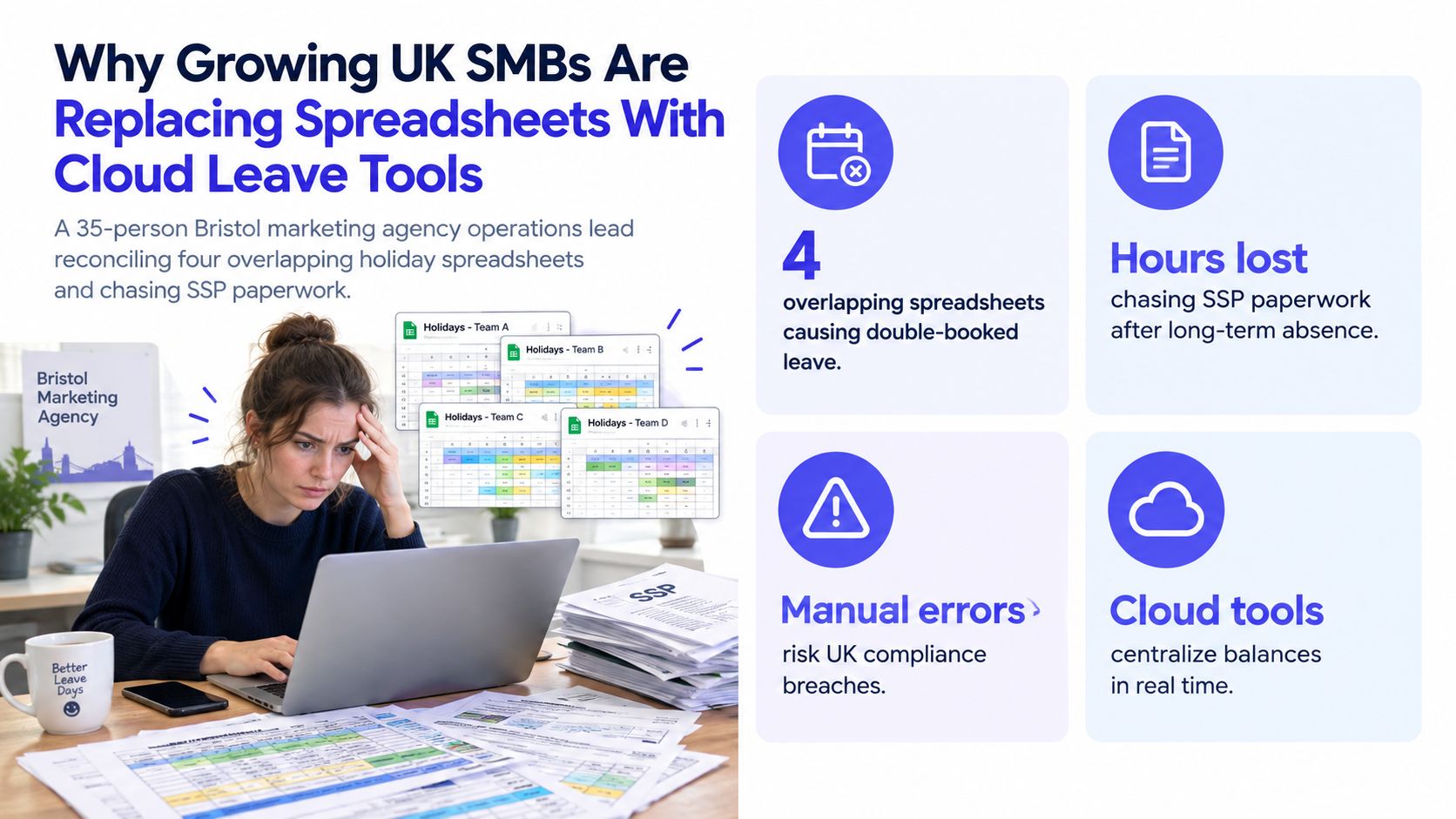 A stressed office worker managing complex holiday leave spreadsheets while surrounded by piles of paperwork.