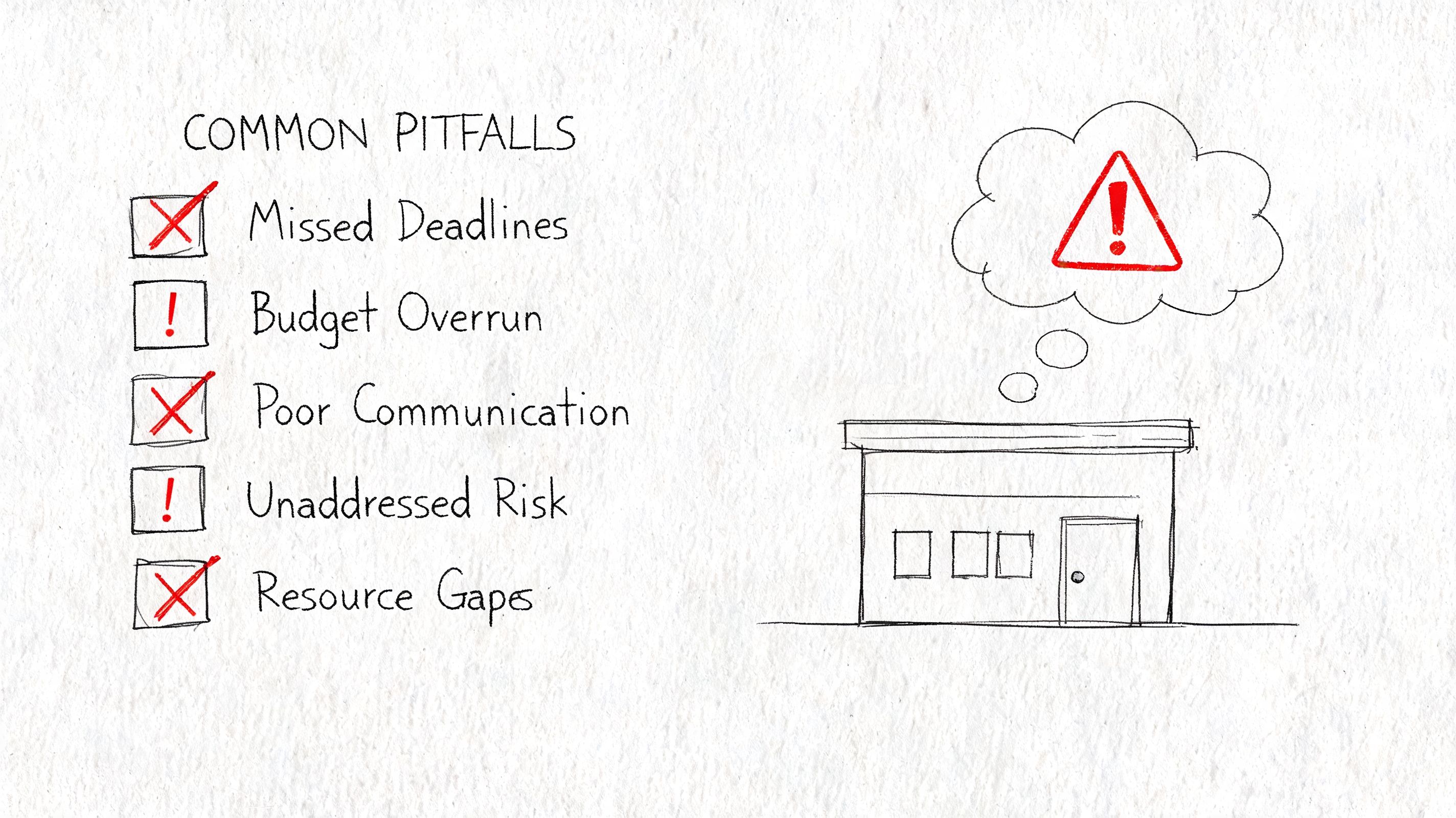 A hand-drawn checklist illustrating common project management pitfalls including deadlines, budget, communication, risk, and resource gaps.