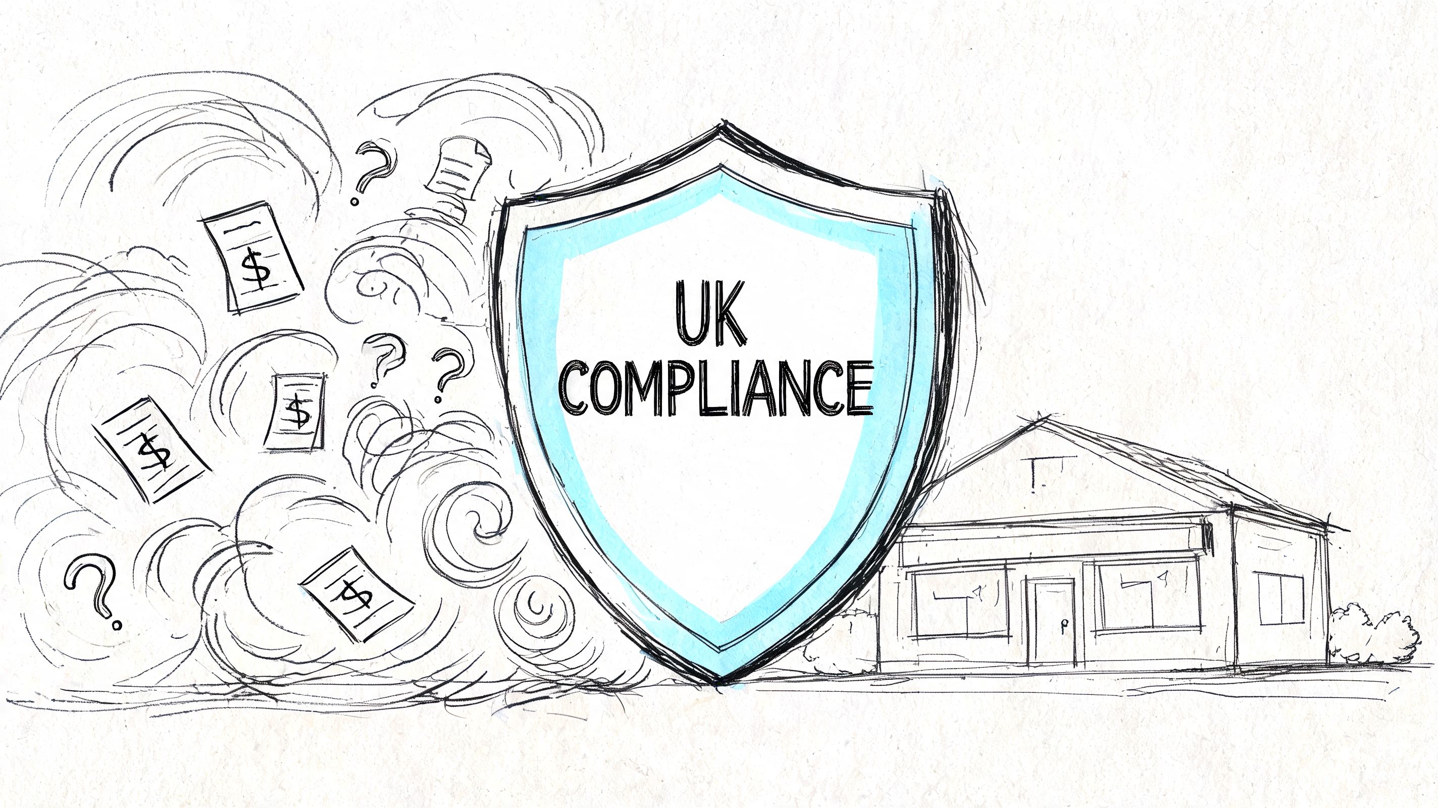 A conceptual illustration of a protective shield labeled UK Compliance guarding a building against financial paperwork chaos.